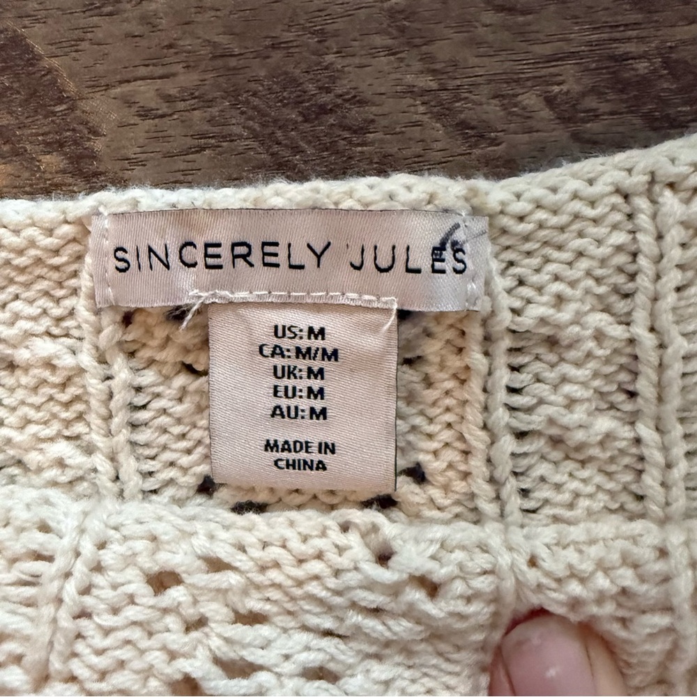 Sincerely Jules Cream Bell Sleeve Crochet Knit Crop Top Boho Scalloped Hem - Picture 2 of 7
